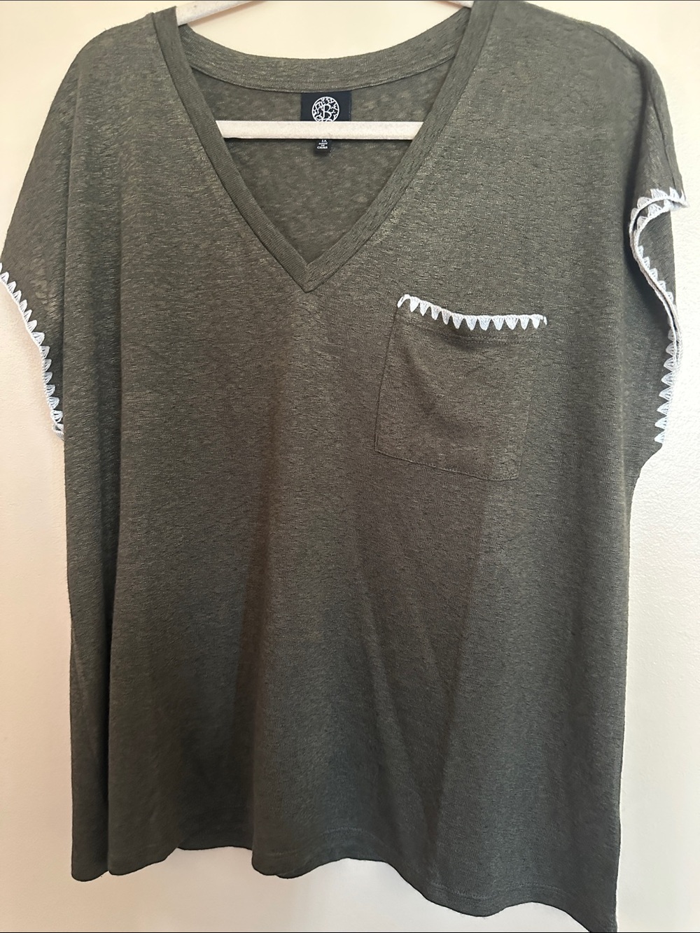 bobeau Olive V-Neck Short Sleeve Tee with White Trim